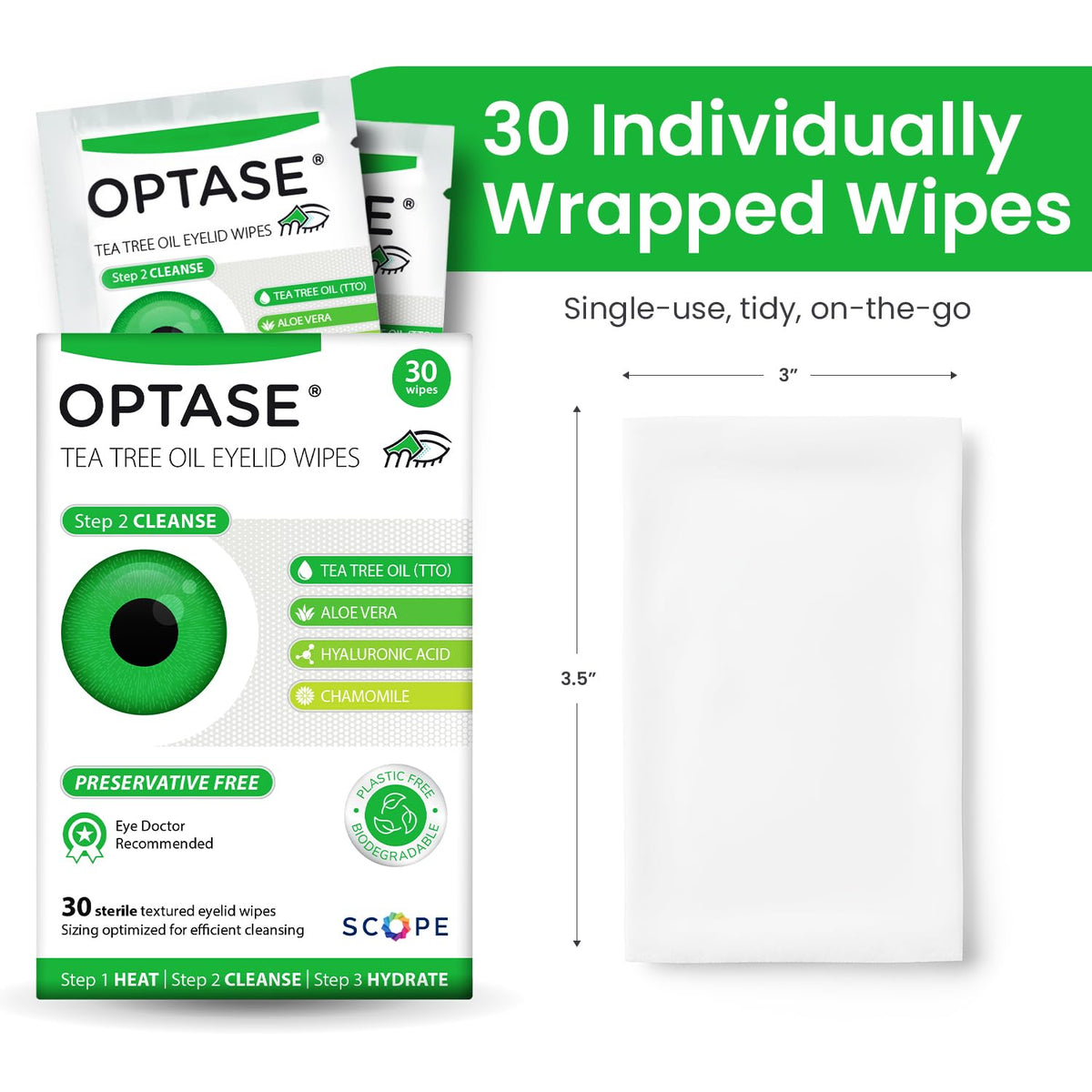Détails des lingettes Optase, emballage individuel