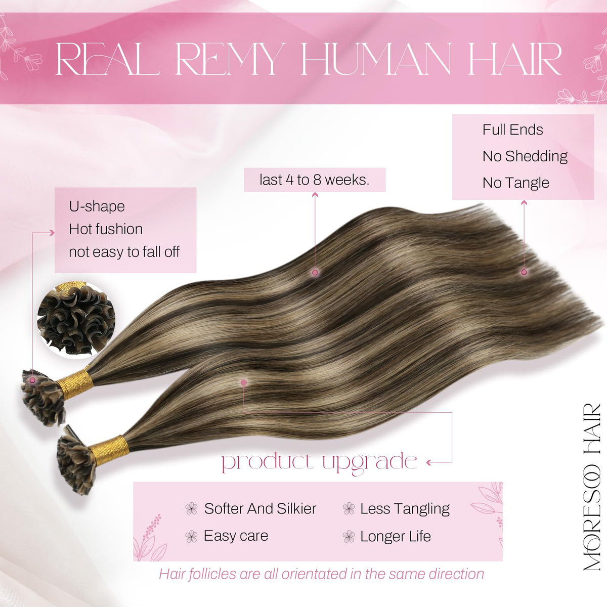 Détails des mèches d'extensions de cheveux Moresoo U Tip