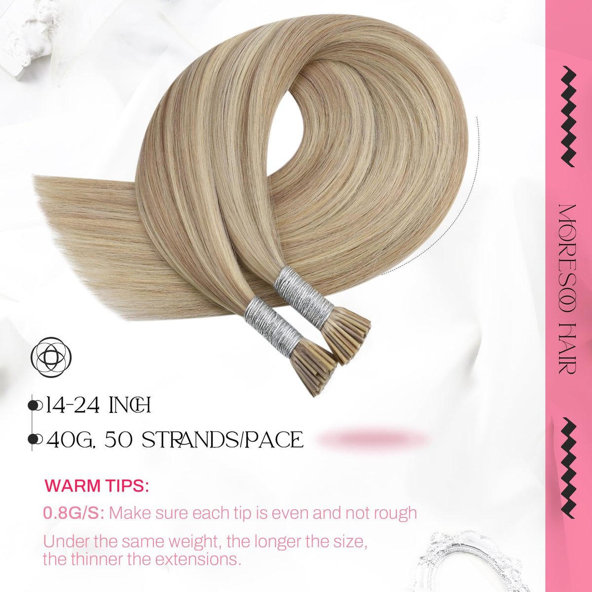 Détails des mèches d'extensions I Tip Moresoo en cheveux humains