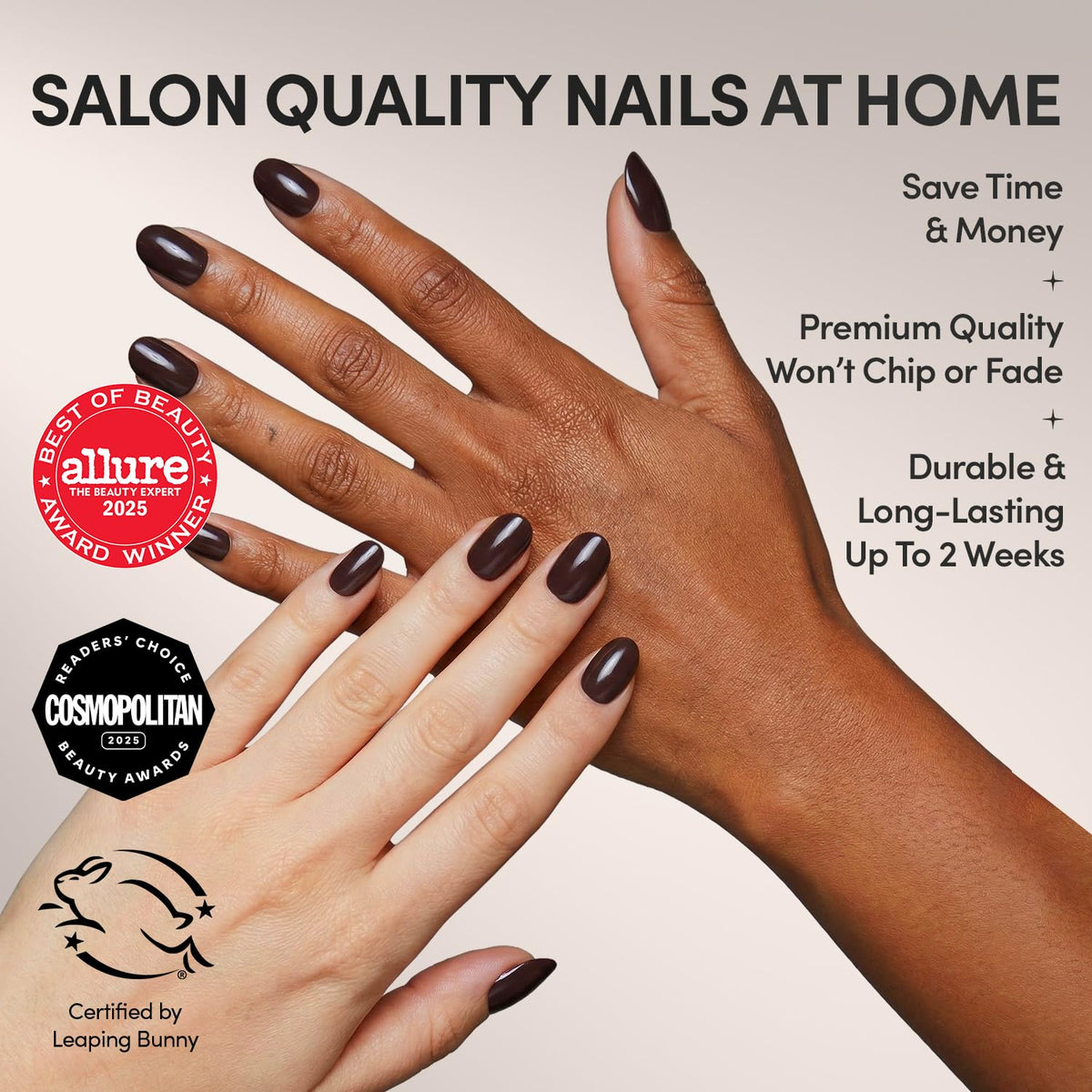 Détails des ongles marron foncé Glamnetic dans la boîte