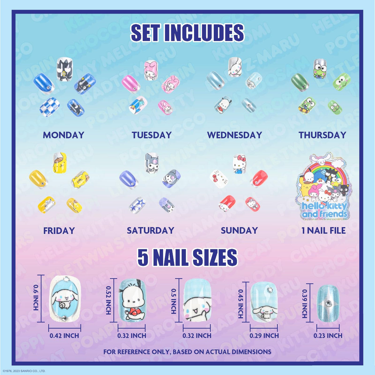Détails des ongles press-on Hello Kitty avec motifs variés
