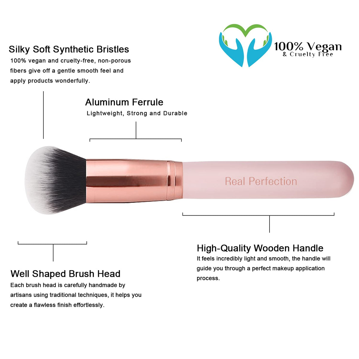 Détails des pinceaux de maquillage Real Perfection avec poignées en bois