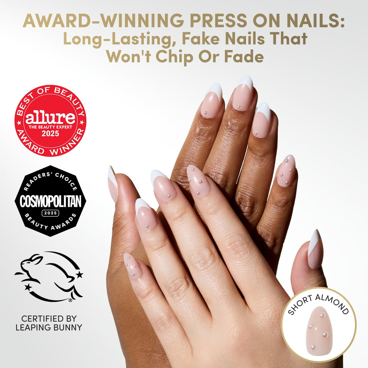 Détails des pointes françaises 3D en perles sur les faux ongles Glamnetic