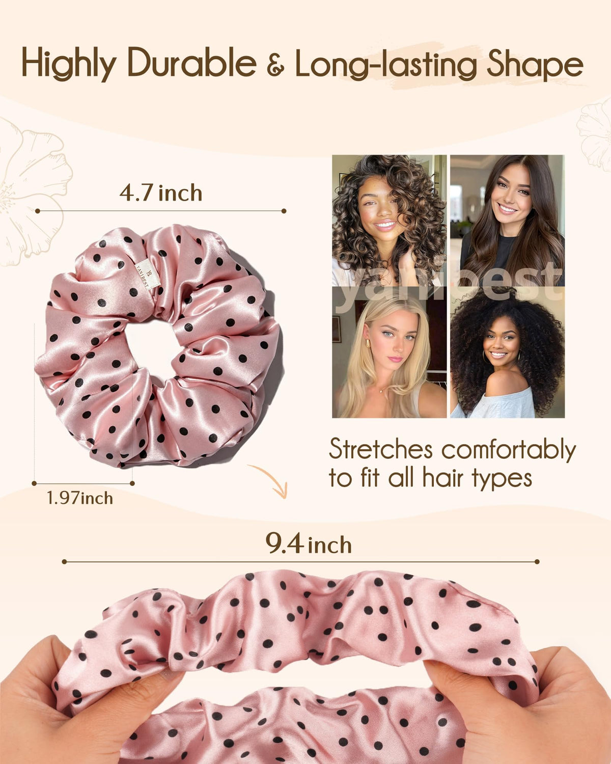 Détails des scrunchies en satin YANIBEST avec texture douce