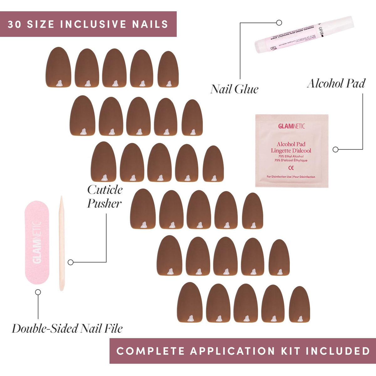 Détails des tailles d'ongles dans le kit Glamnetic