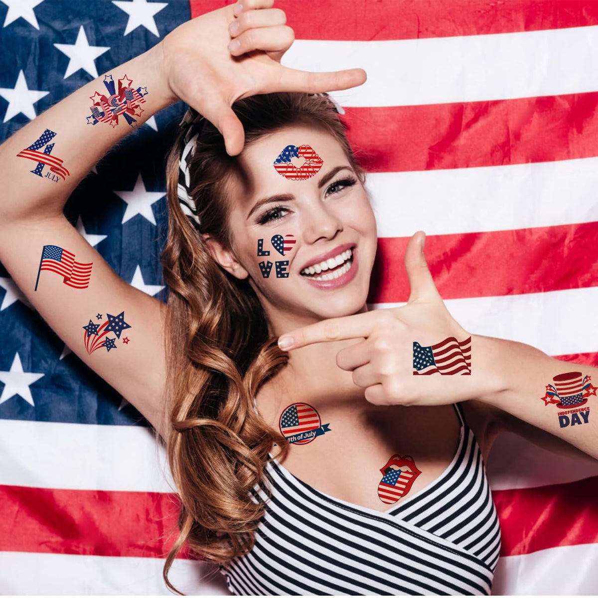 Détails des tatouages temporaires CHARLENT avec motifs patriotiques