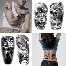 Détails des tatouages temporaires représentant des crânes et tigres