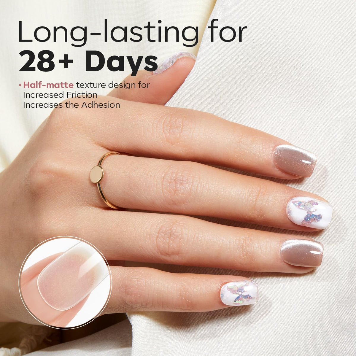 Détails des tips d'ongles carrés Modelones, texture demi-mate