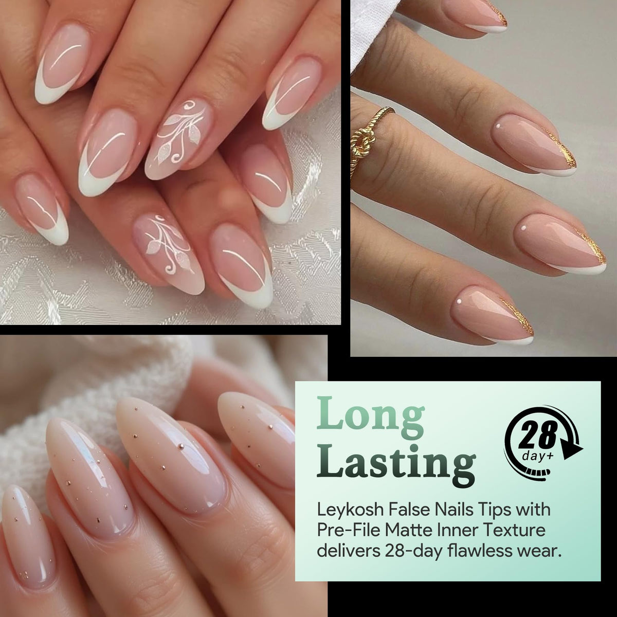 Détails des tips d'ongles courts LEYKOSH avec bord matted