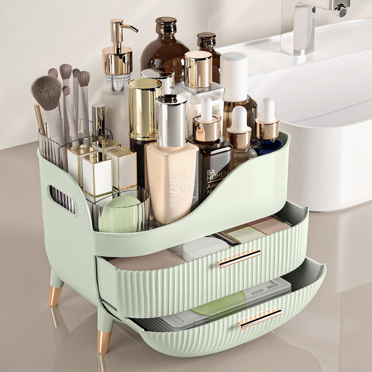 Détails des tiroirs de l'organiseur de maquillage Pajiriona