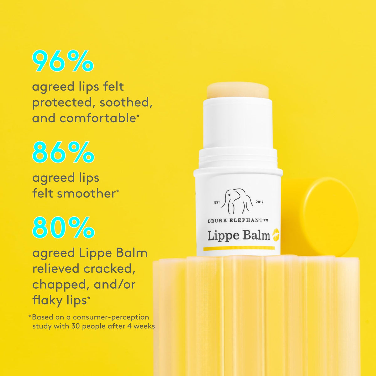 Détails du baume à lèvres Drunk Elephant montrant la texture crémeuse