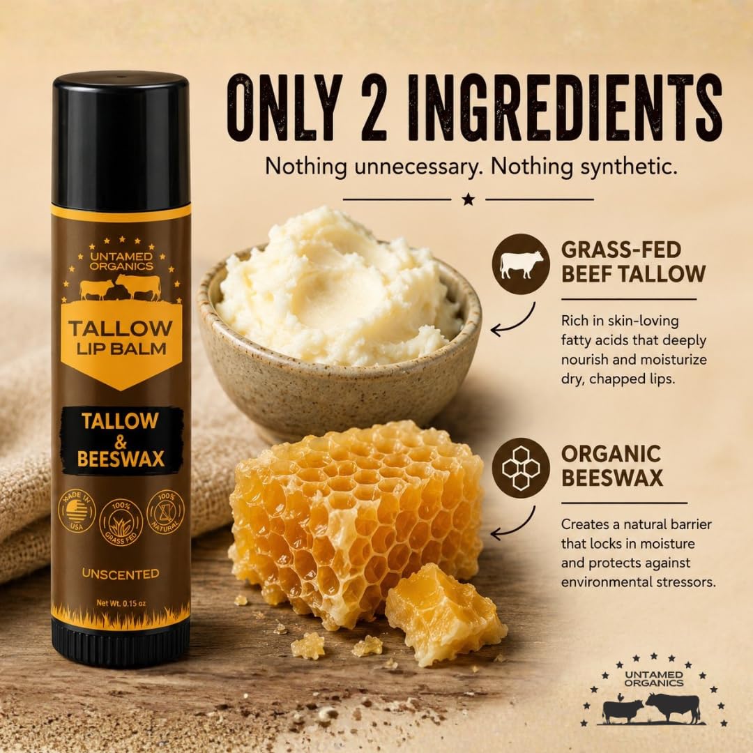 Détails du baume à lèvres Untamed Organics avec ingrédients visibles