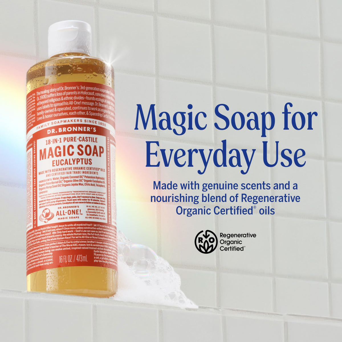 Détails du bouchon et étiquette Dr. Bronner's Savon Liquide
