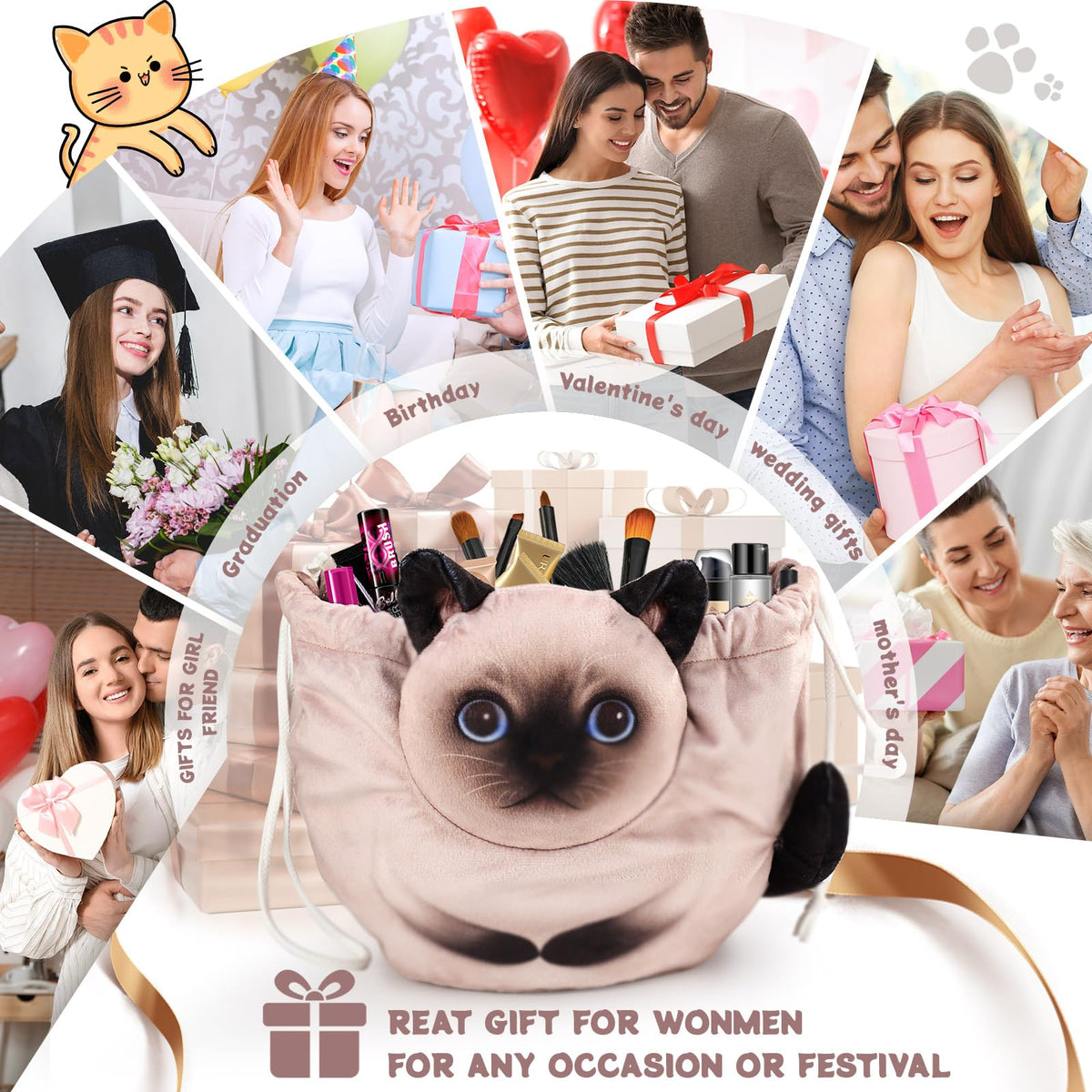 Détails du design de tête de chat de la trousse de maquillage Openhahaha