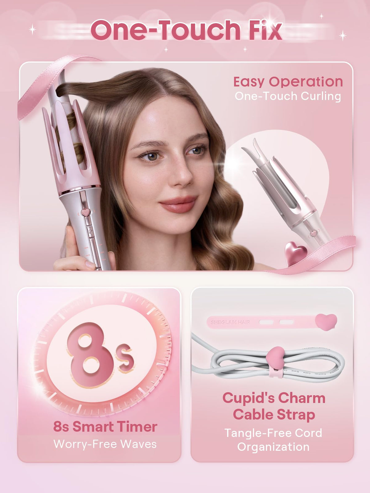 Détails du fer à friser SHEGLAM avec clip en forme de cœur