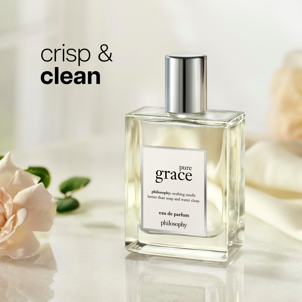 Détails du flacon d'eau de parfum Pure Grace, capuchon et étiquette