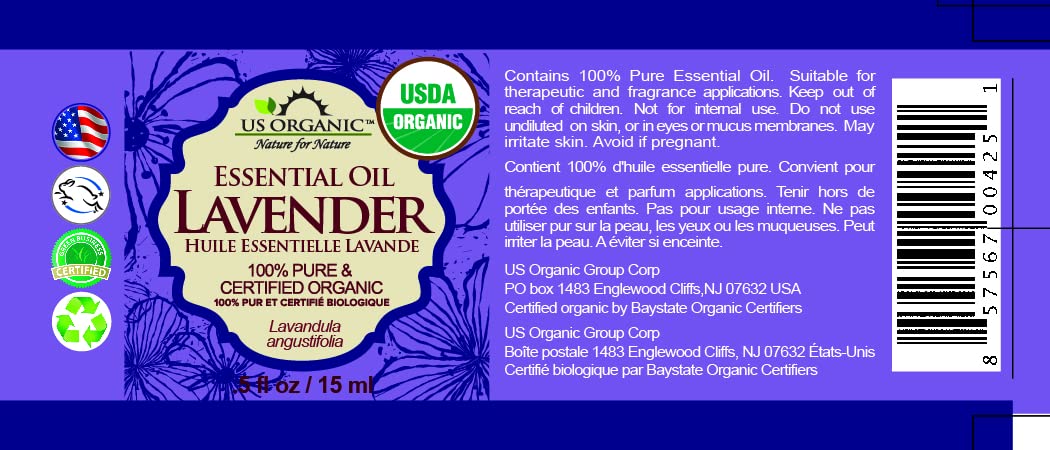 Détails du flacon d'huile essentielle de lavande US Organic 15 ml
