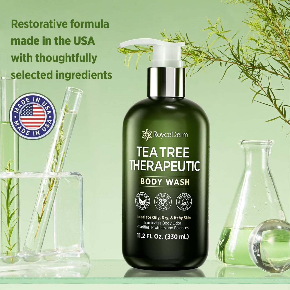 Détails du flacon de gel douche Roycederm à l'huile d'arbre à thé