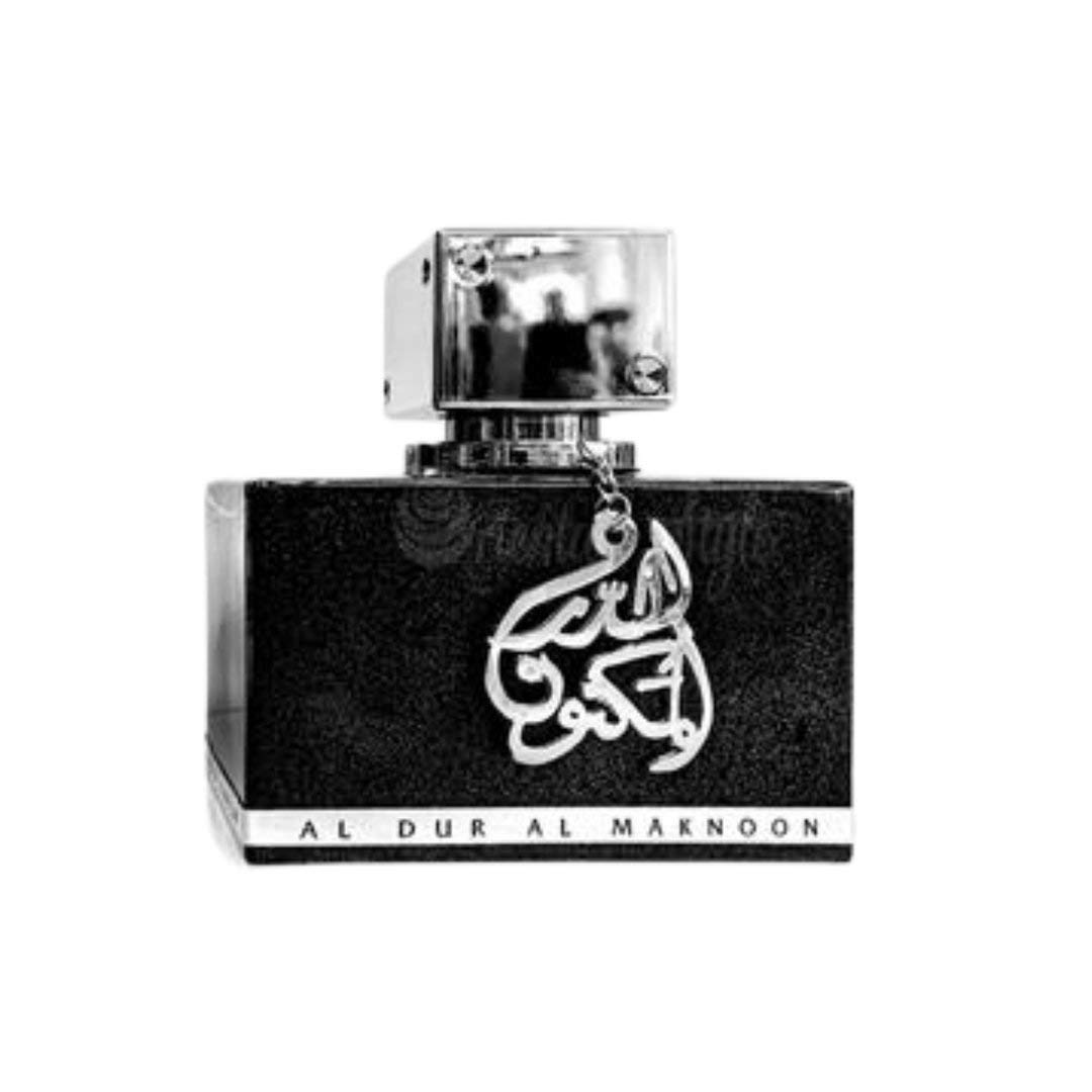Détails du flacon de Lattafa Al Dur Al Maknoon Silver