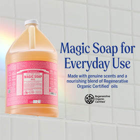 Détails du flacon de savon liquide Dr. Bronner's à la rose