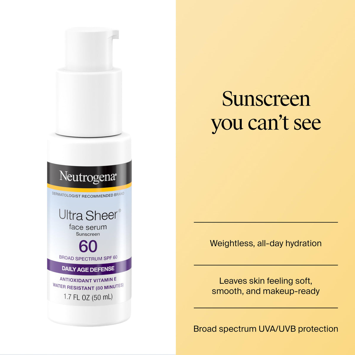 Détails du flacon de sérum solaire Neutrogena Ultra Sheer