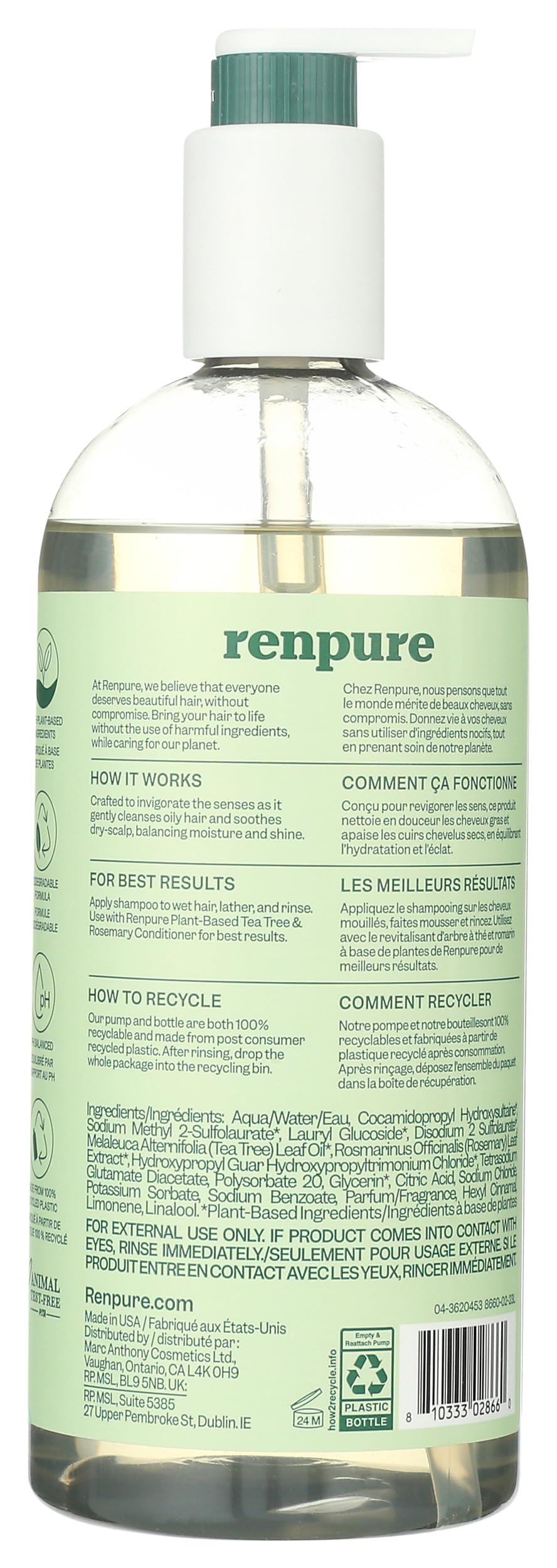 Détails du flacon de shampooing RENPURE Tea Tree et Romarin