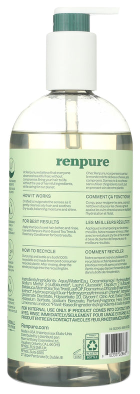 Détails du flacon de shampooing RENPURE Tea Tree et Romarin
