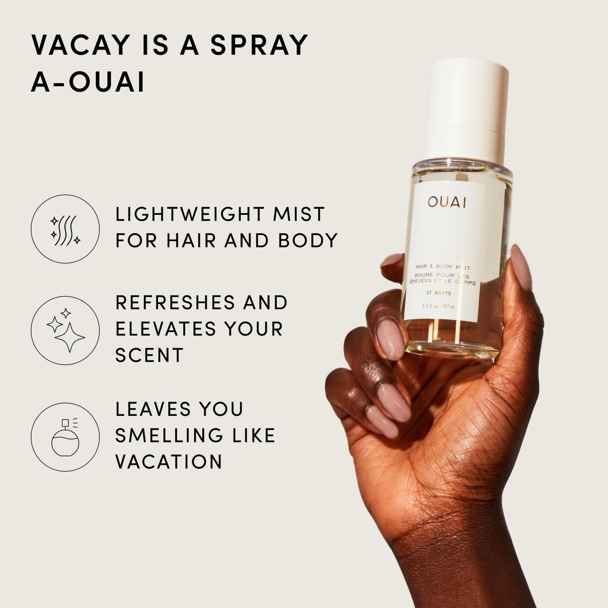 Détails du flacon de spray OUAI St. Barts