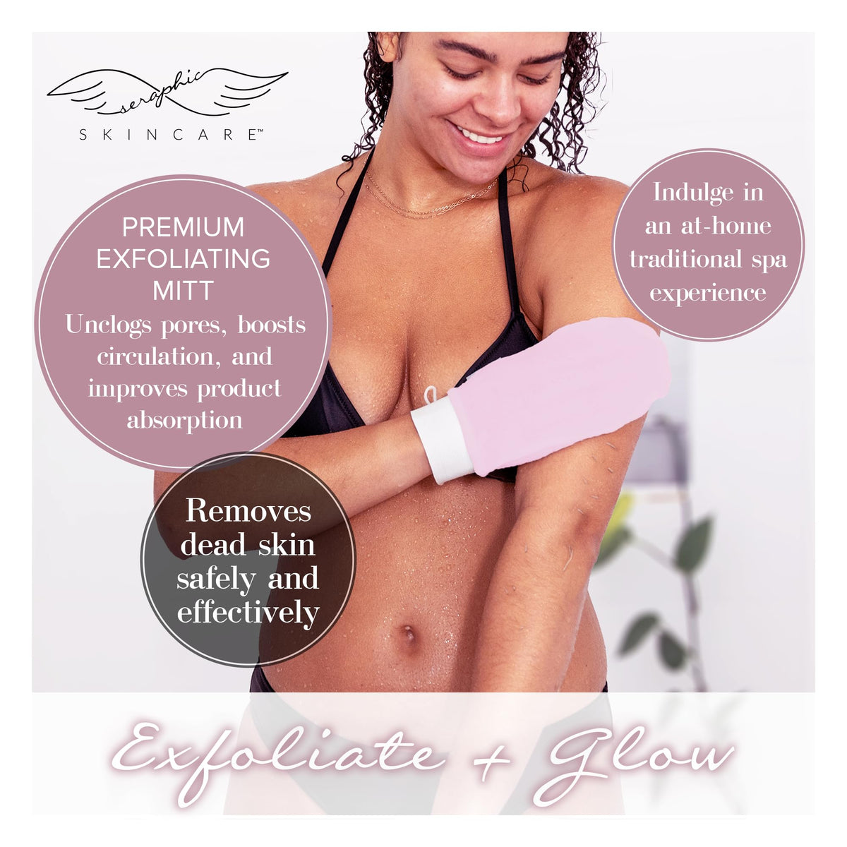Détails du gant exfoliant rose avec étiquette