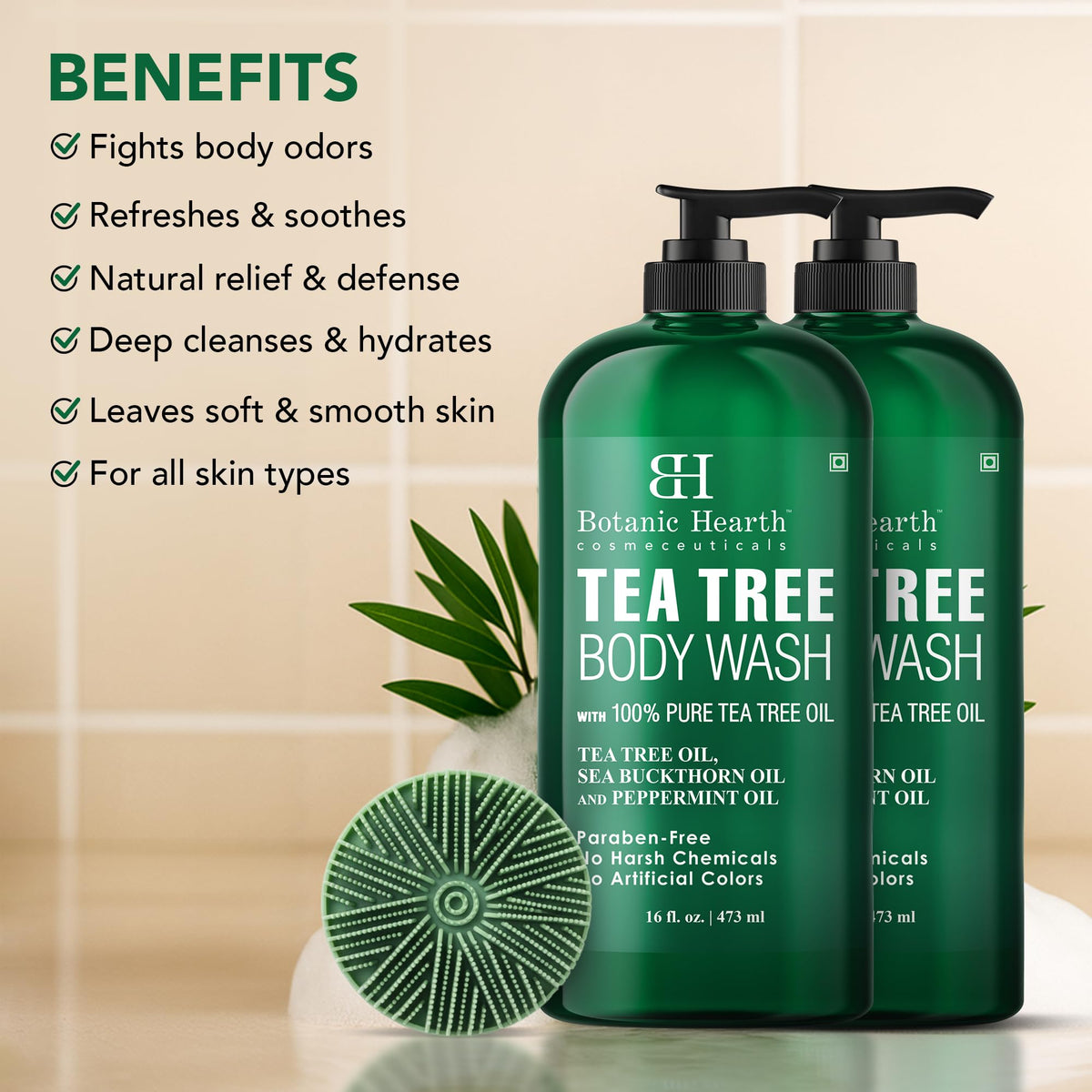 Détails du gel douche au tea tree Botanic Hearth en bouteille