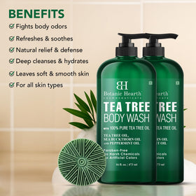 Détails du gel douche au tea tree Botanic Hearth en bouteille