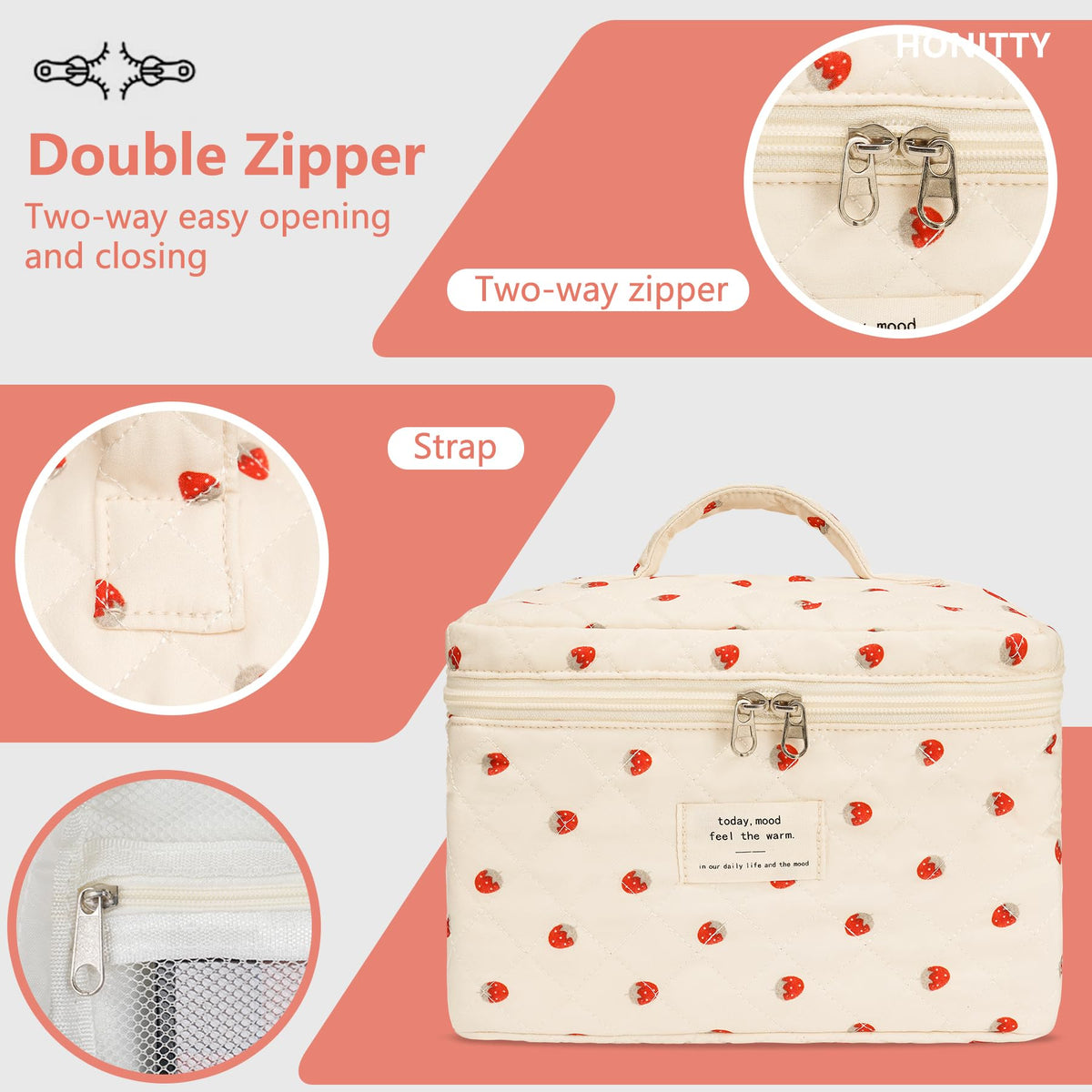 Détails du motif floral de la trousse de maquillage honitty