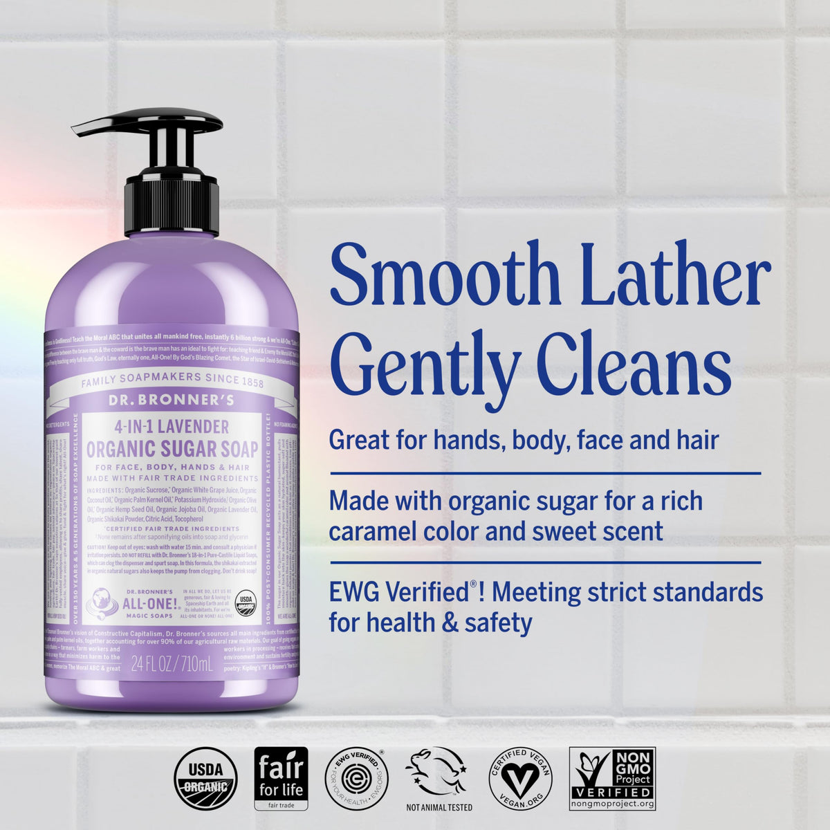 Détails du savon sucré bio Dr. Bronner's à la lavande