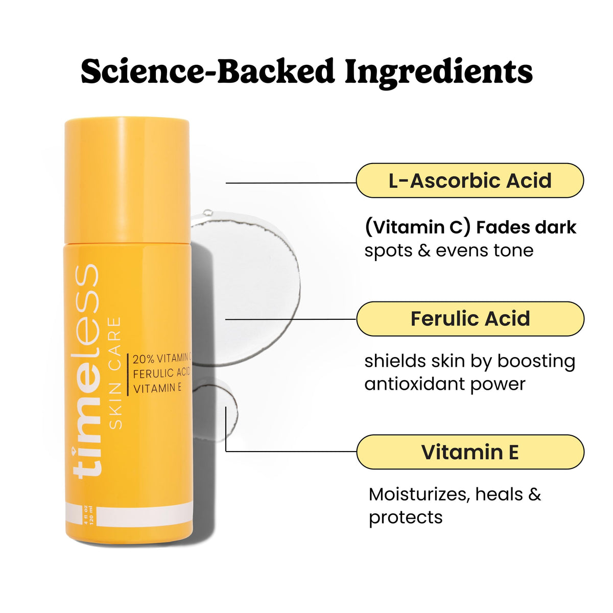 Détails du sérum Timeless Skin Care avec pompe et étiquette