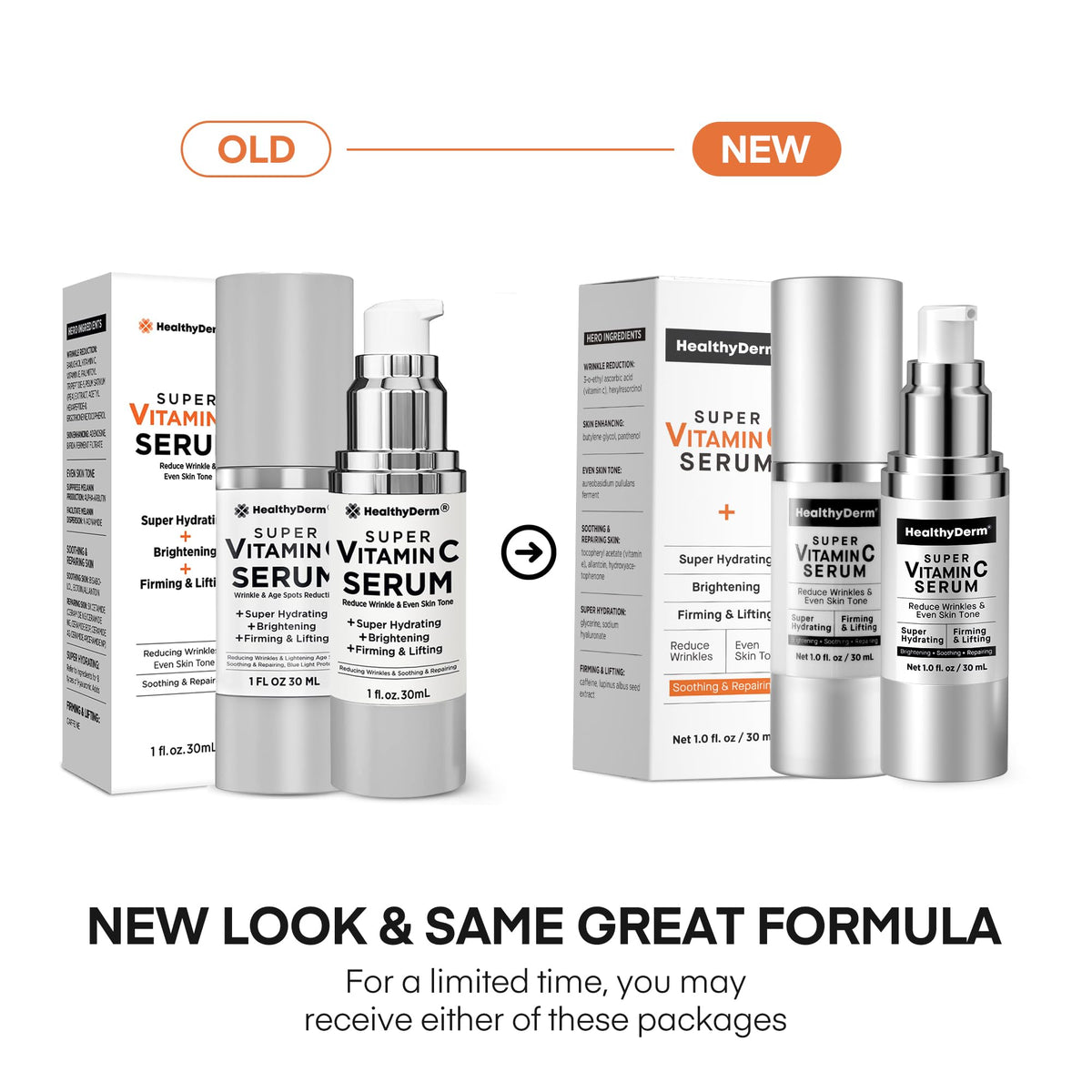 Détails du sérum Vitamine C HealthyDerm, ingrédients clés sur l'étiquette