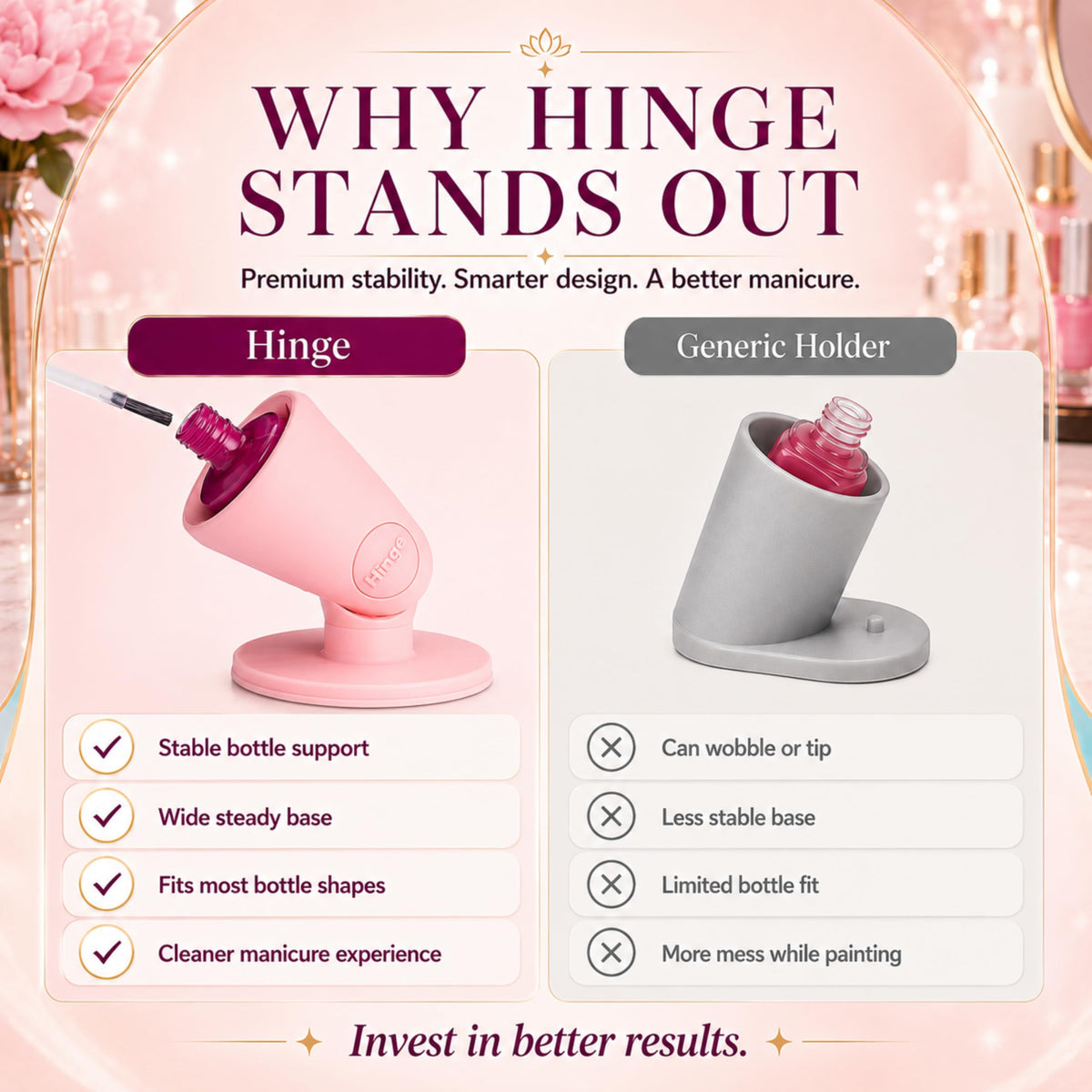 Détails du support tweexy Hinge avec flacon de vernis