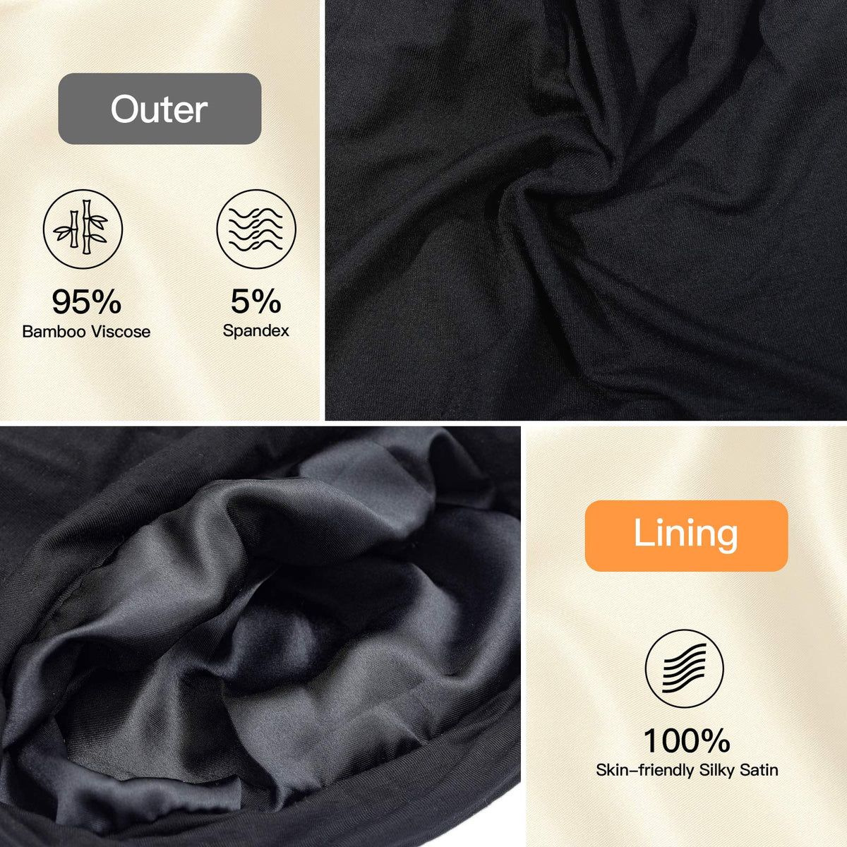 Détails du système d'ajustement du bonnet de nuit satin noir