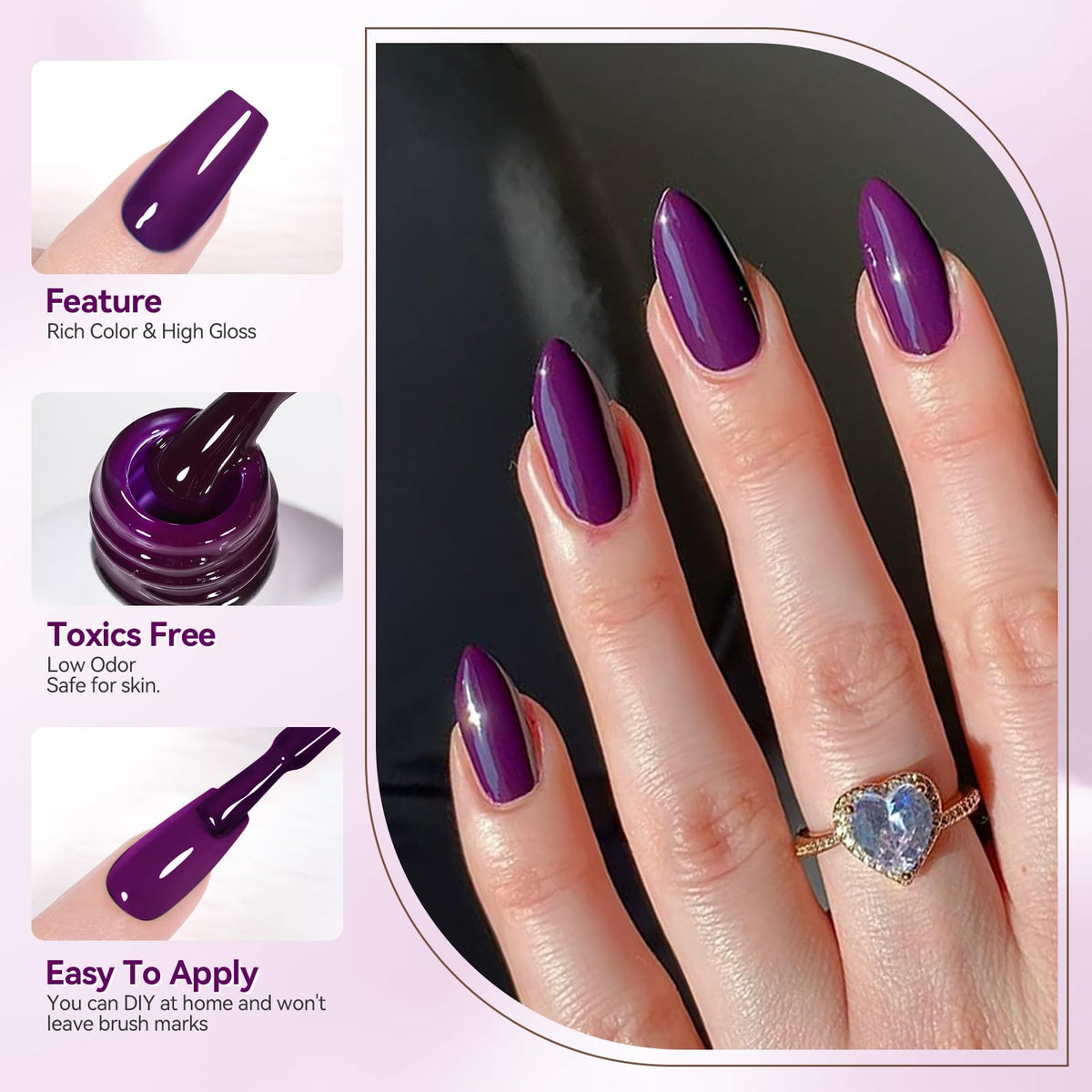 Détails du vernis gel violet pailleté Born Pretty et son applicateur