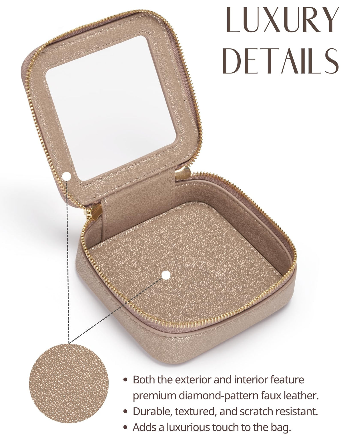 Détails du zip doré de la trousse de maquillage Popvibe