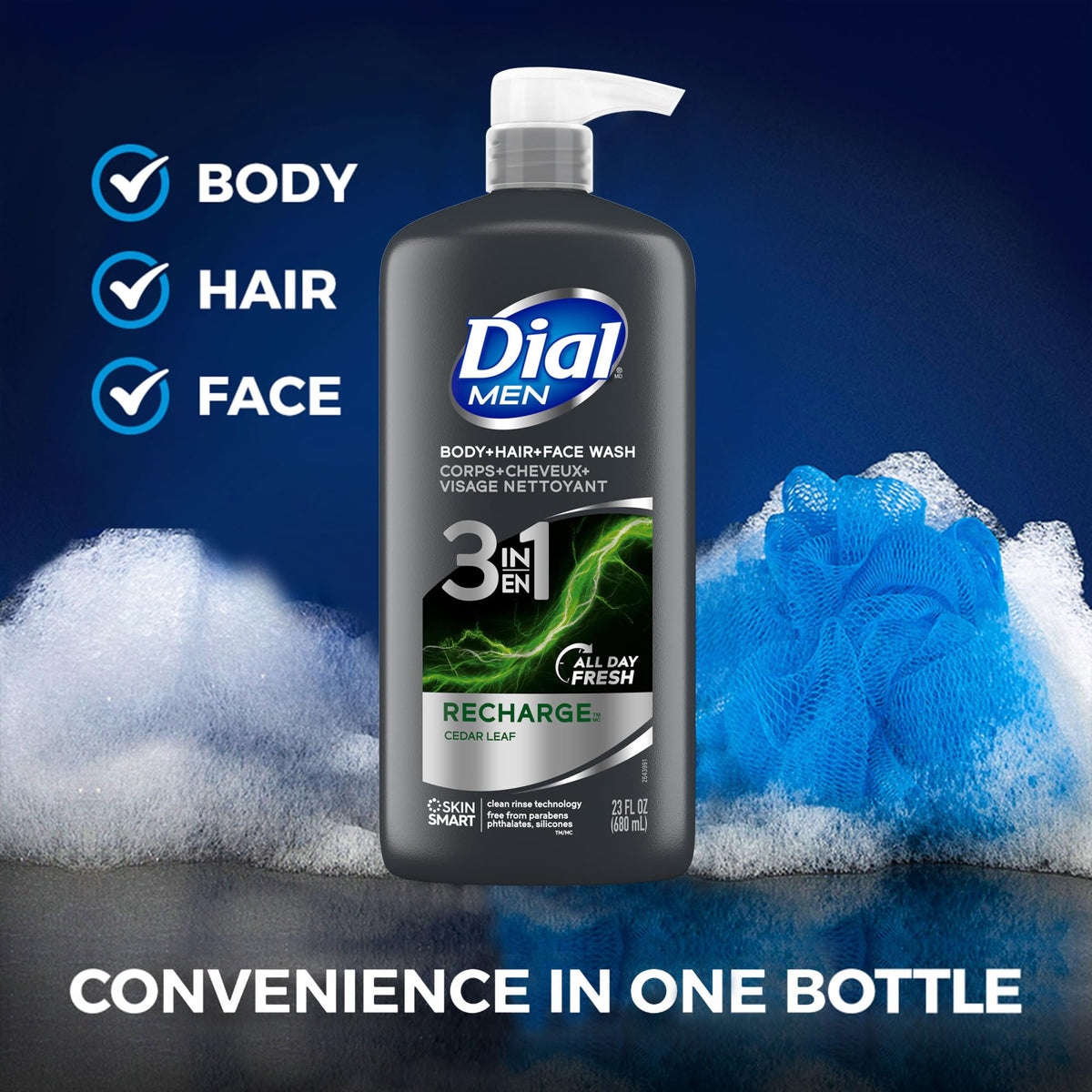 Dial Gel Douche 3-en-1 pour Homme 23 fl oz flacon sur un fond de salle de bain