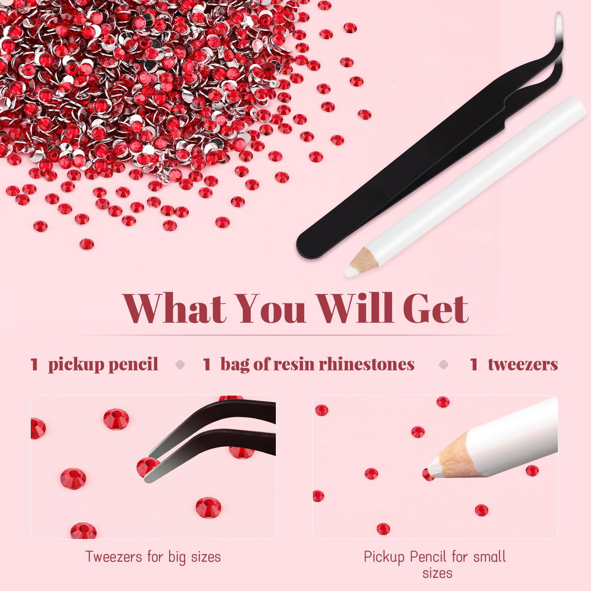 Différents angles des strass en résine rouge dans leur emballage