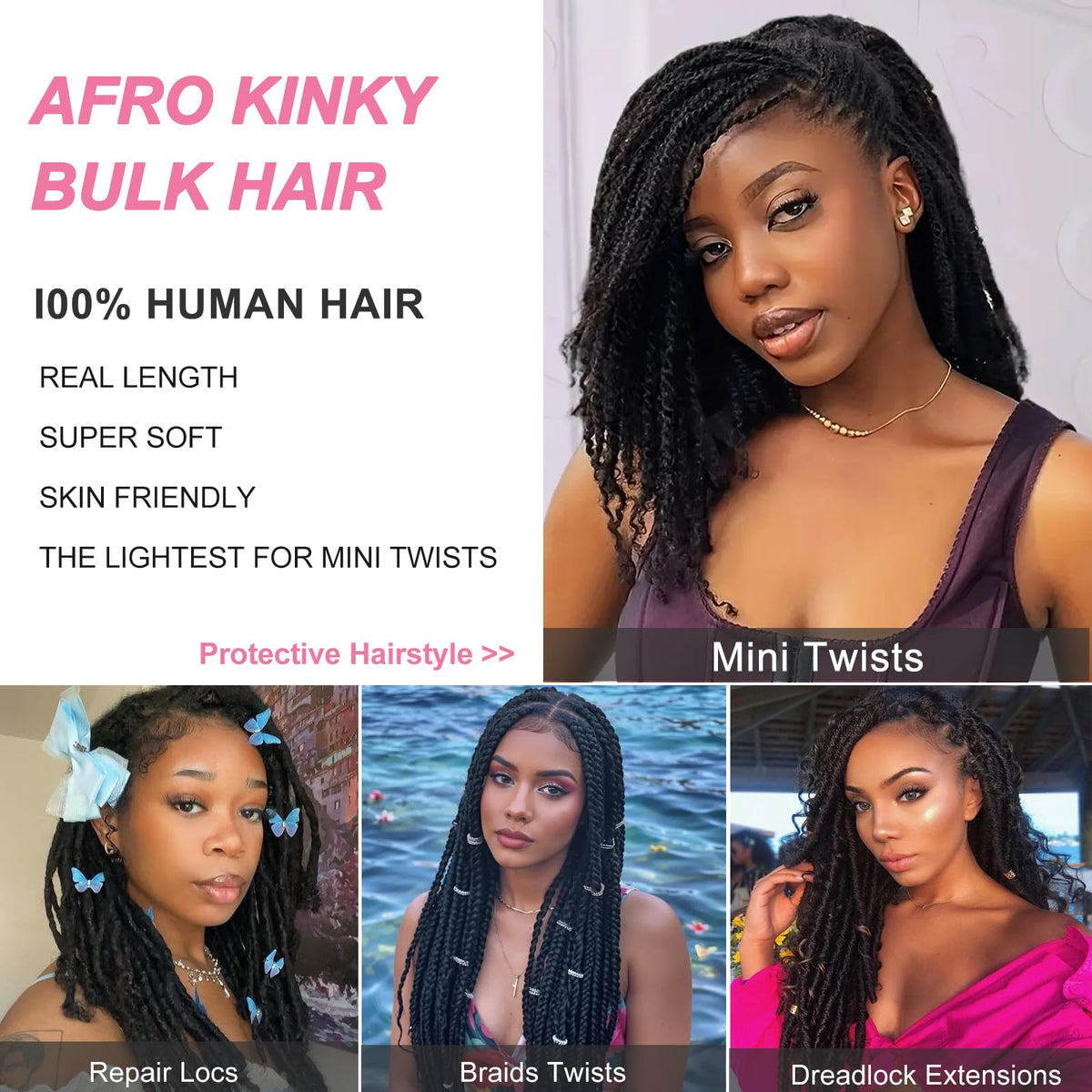 Dilekay Cheveux Afro Kinky Bulk texture proche de cheveux naturels