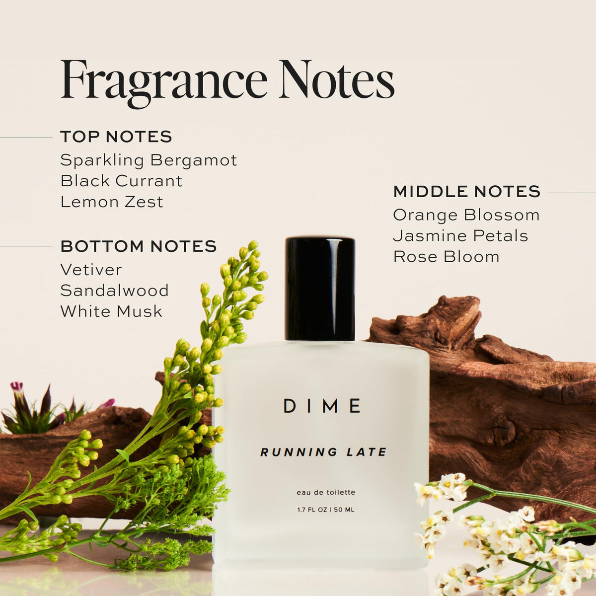DIME parfum Running Late 50 ml avec étiquette détaillant les notes de parfum