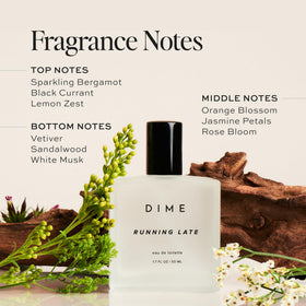 DIME parfum Running Late 50 ml avec étiquette détaillant les notes de parfum