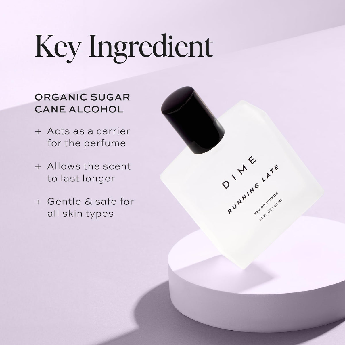 DIME parfum Running Late 50 ml avec un fond floral coloré