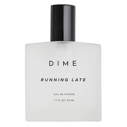 DIME parfum Running Late 50 ml en vue avant avec flacon élégant