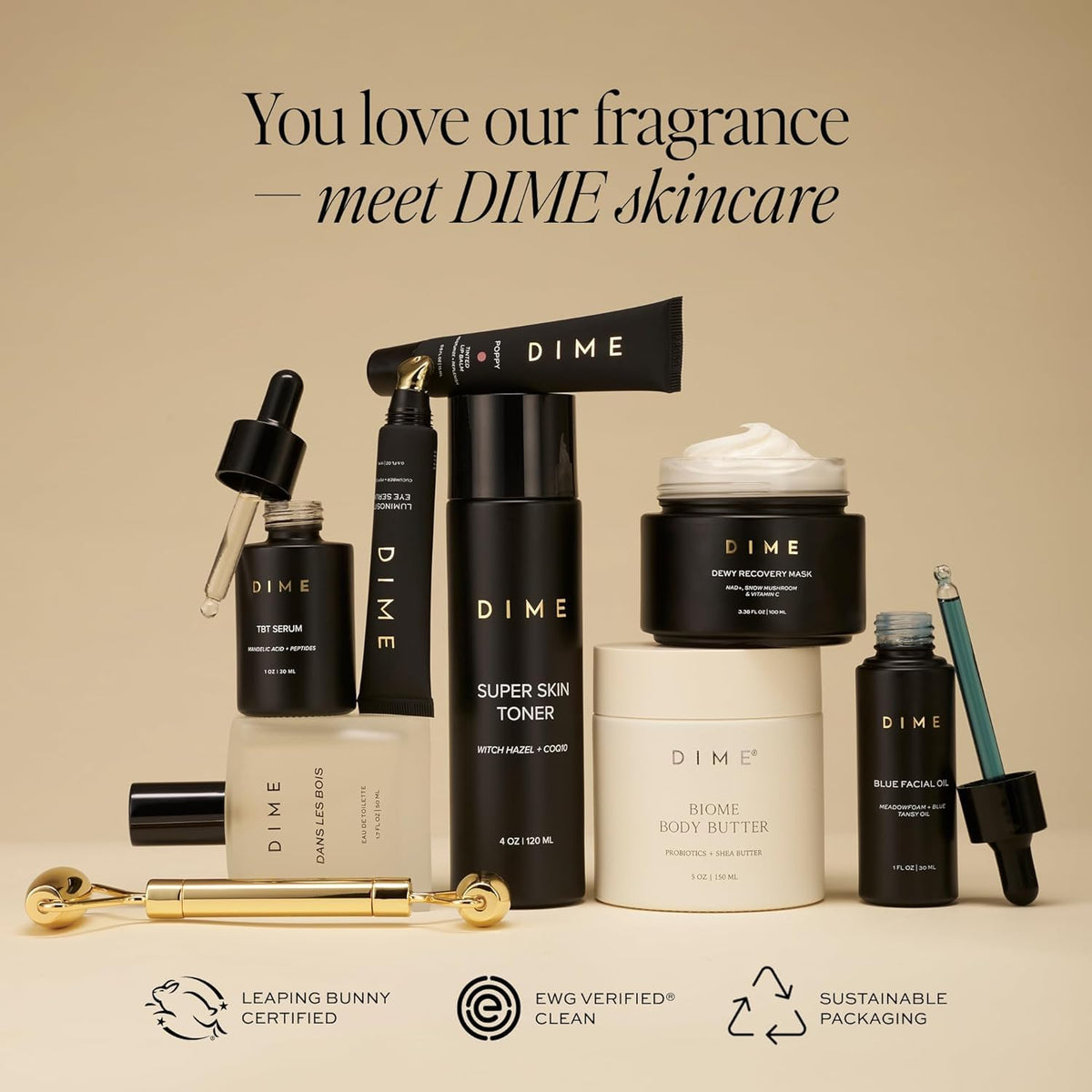 DIME parfum Running Late 50 ml présenté avec The Glaze Hydrating Body Oil