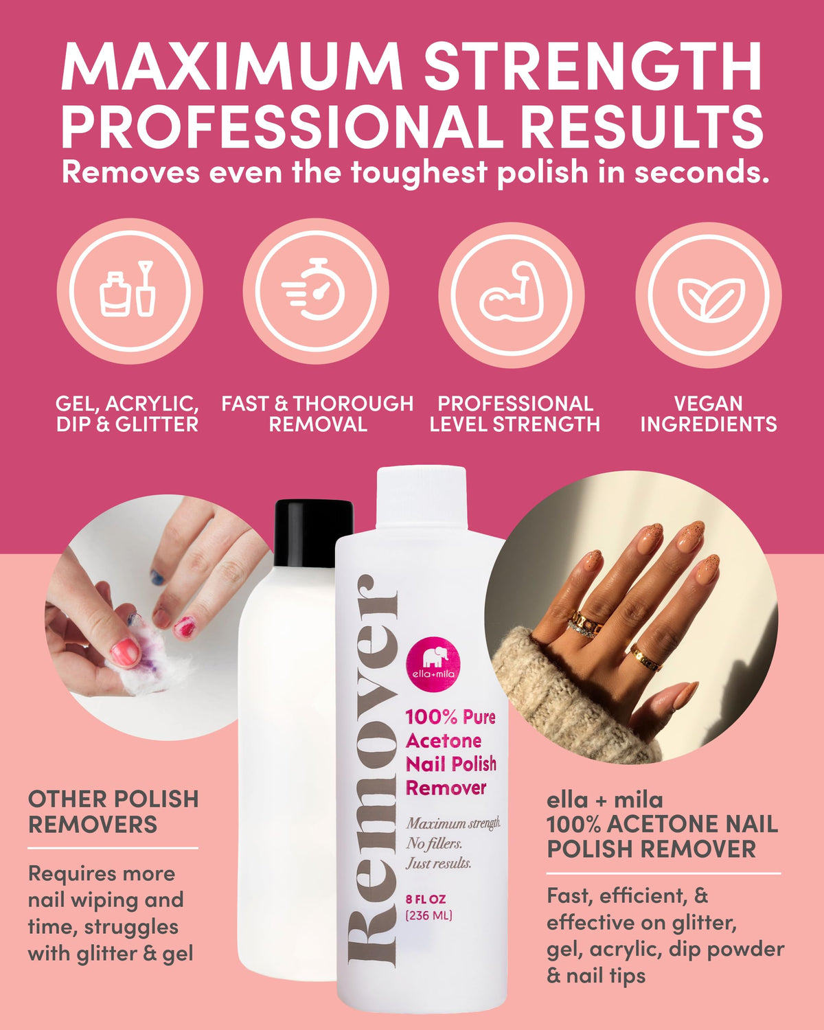 Dissolvant d'ongles ella+mila avec bouchon en haut