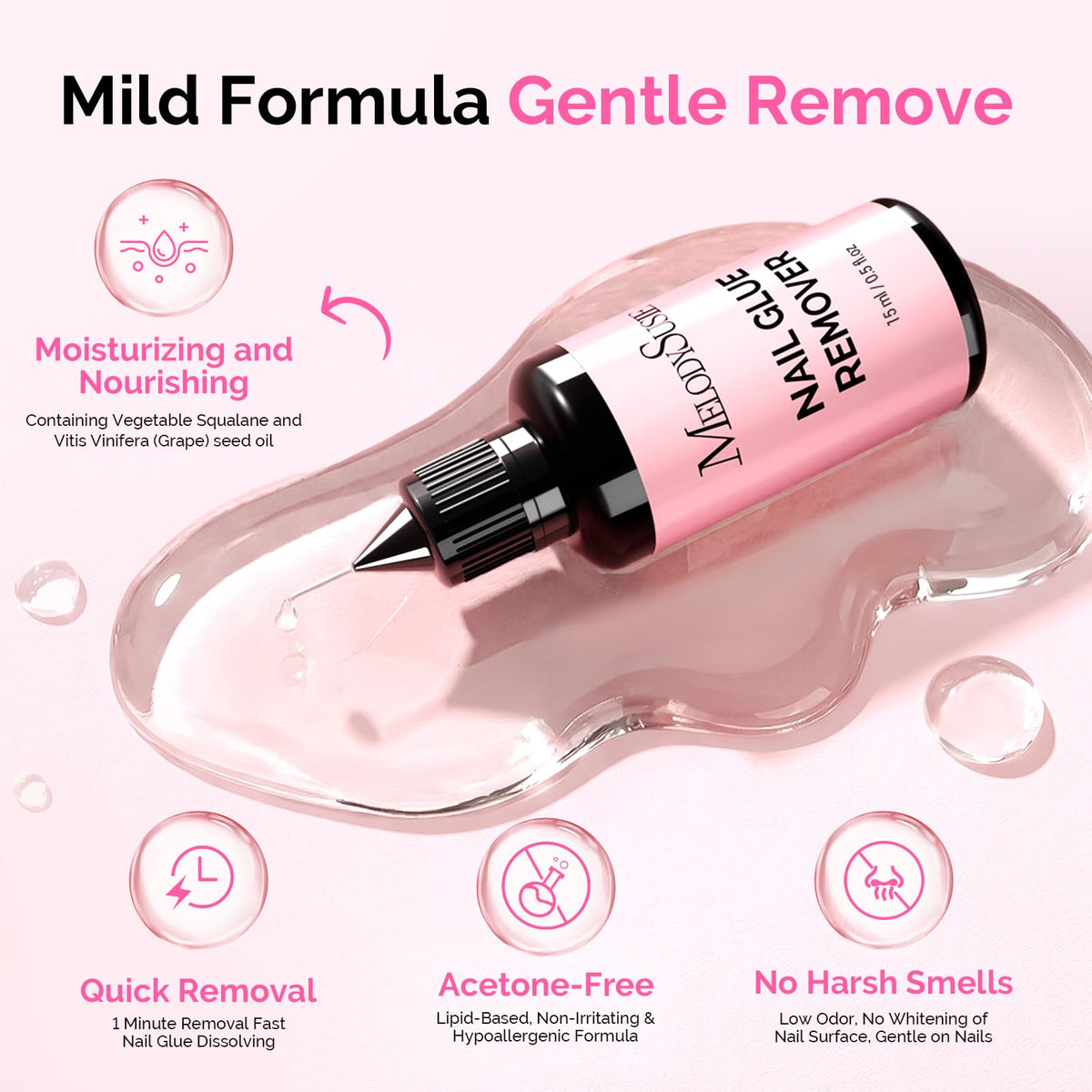 Dissolvant de colle à ongles MelodySusie sur un fond blanc
