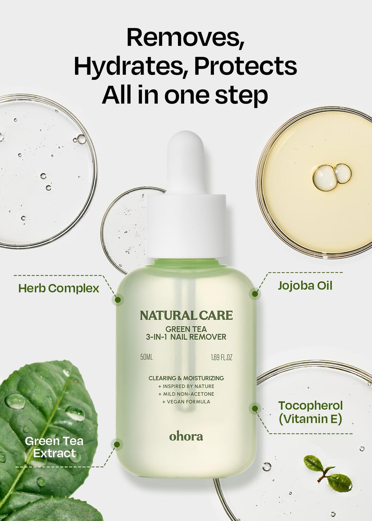 Dissolvant ohora 3-en-1 au thé vert accompagné d'outils de manucure